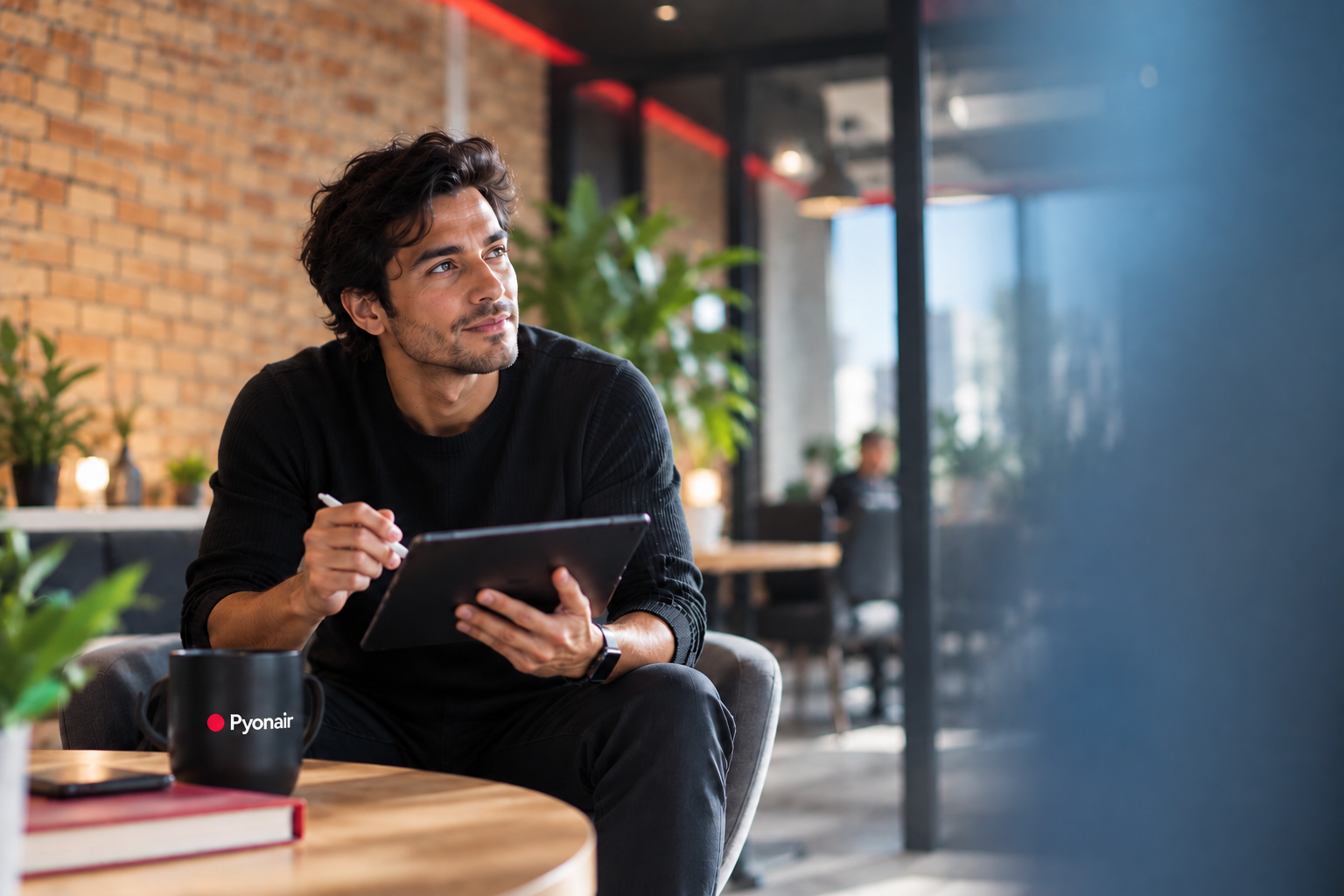 Professional reviewing work on tablet while collaborating with AI team