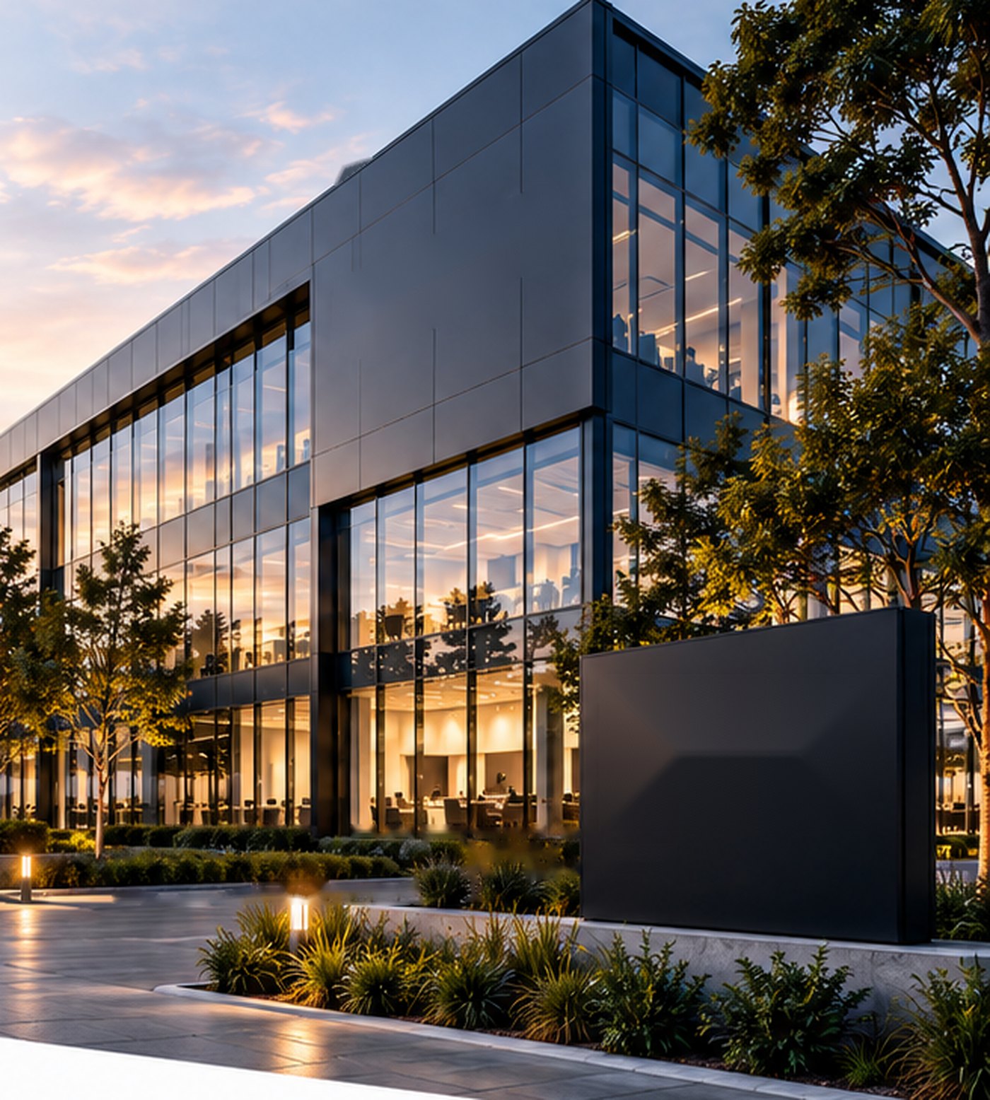 Modern glass office building at dusk.