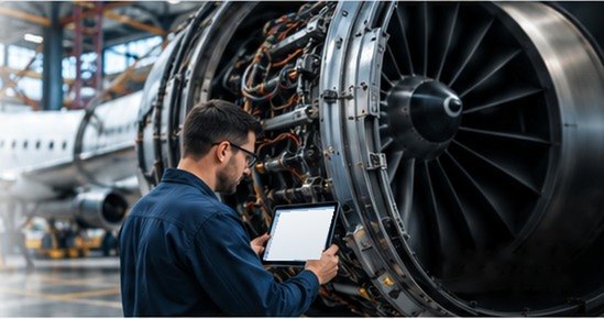 Aerospace engineer inspecting an aircraft engine while reviewing operational information on a tablet.