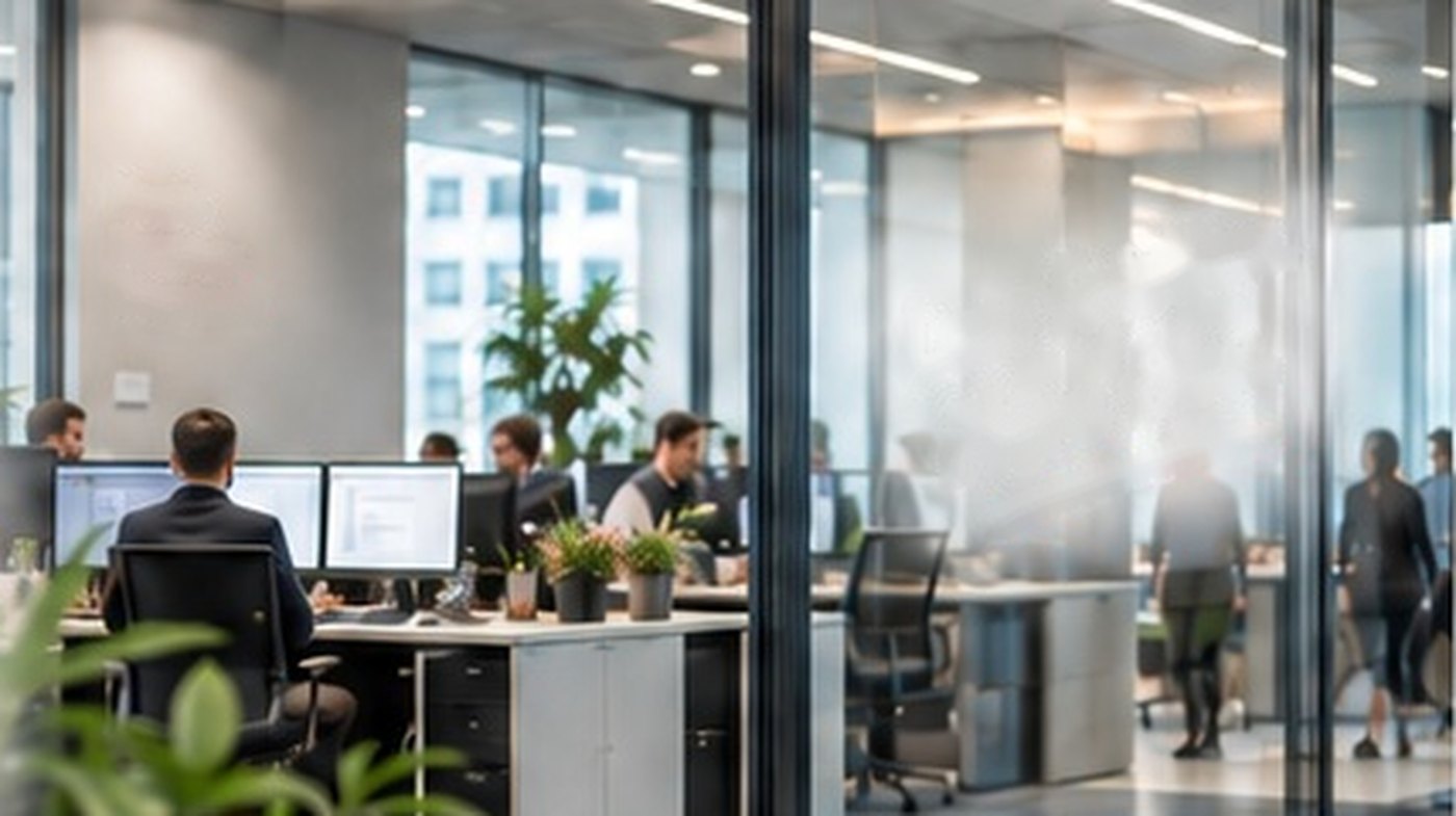 Modern office operations environment with people working across desks and meeting areas.