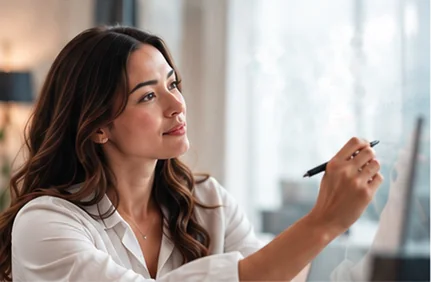 A woman writing on a glass board in a bright office.