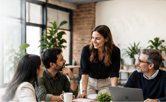 Four colleagues collaborating around a table in a bright office.